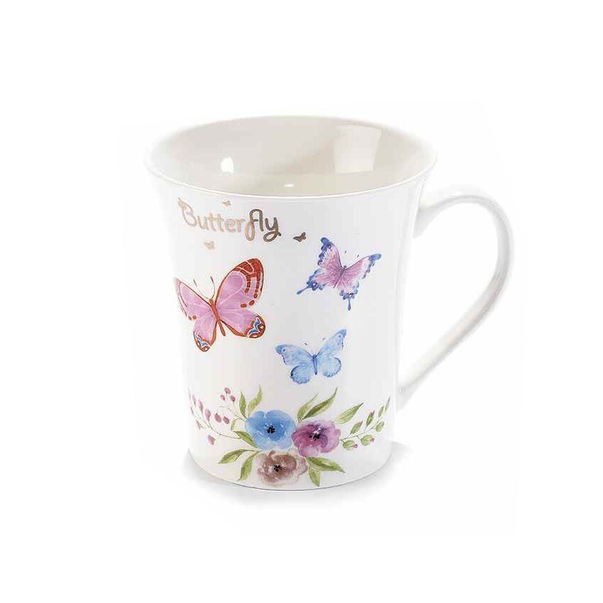Cana din portelan alb albastru roz model Fluturasi Ø 9.5 cm x 10.5 h