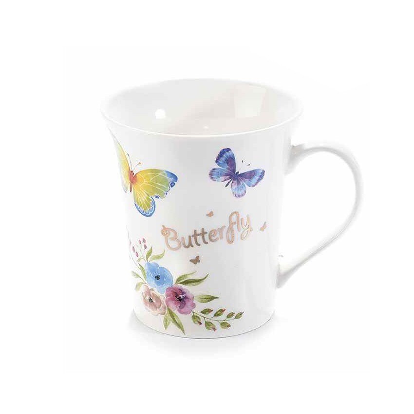 Cana din portelan alb albastru galben model Fluturasi Ø 9.5 cm x 10.5 h