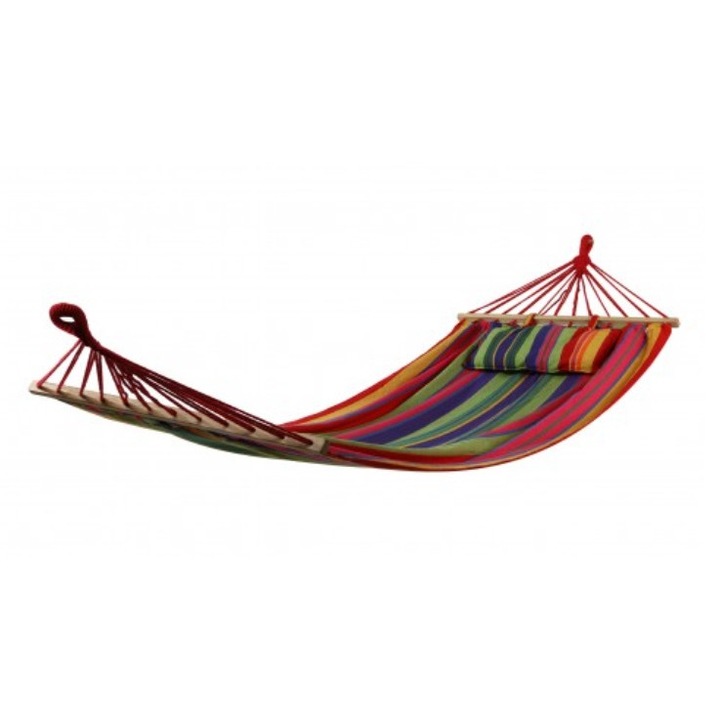 Hamac cu perna, pentru parc, camping sau gradina, bare din lemn, bumbac si poliester, 100 x 200 cm, multicolor