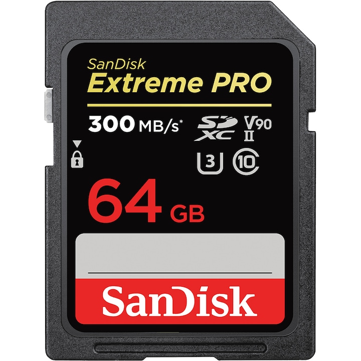 Card de memorie SanDisk Extreme Pro 64 GB, SDXC, 300 MB/s, 2000x, UHS-II, Class 10, U3, V90