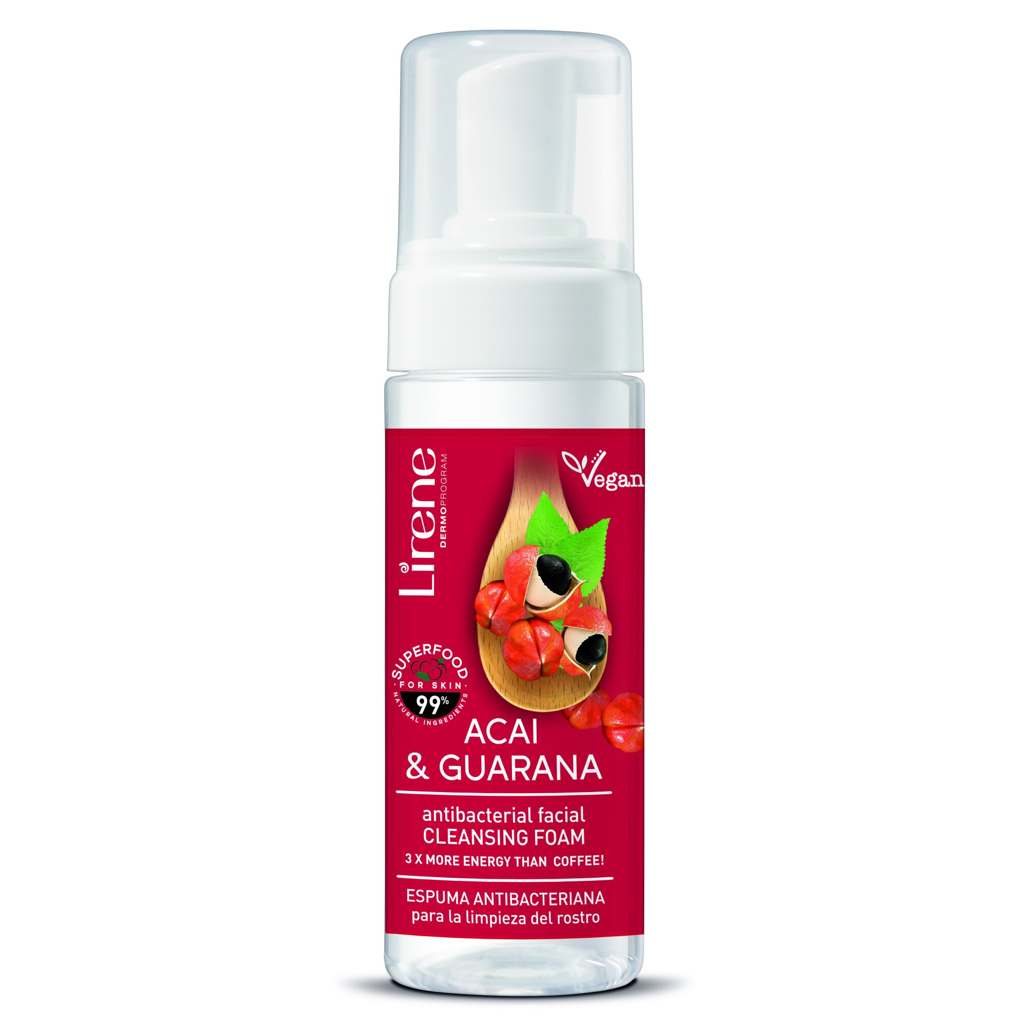 Spuma antibacteriana Lirene Superfood pentru curatare faciala cu extract de acai si guarana, 99% ingrediente naturale 150ml