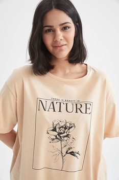 DeFacto, Tricou relaxed fit cu imprimeu, Bej/Negru DeFacto, Tricou relaxed fit cu imprimeu, Bej/Negru