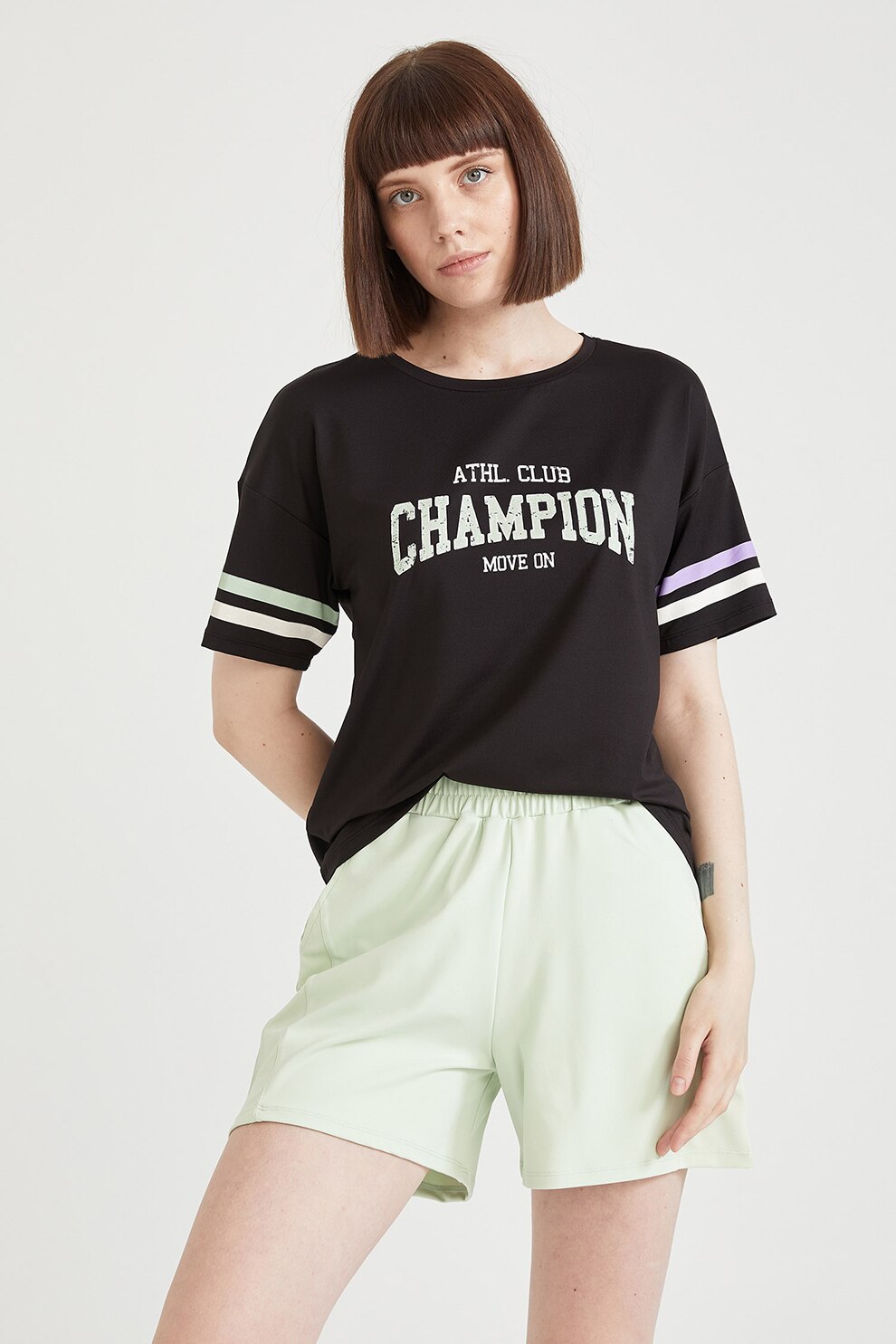 DeFacto, Tricou cu maneci cu model colorblock, Negru/Alb