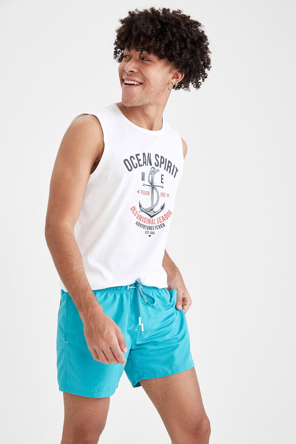 DeFacto, Pantaloni scurti de baie cu snur de ajustare, Albastru aqua