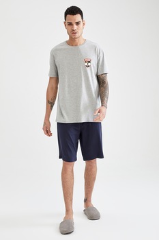 DeFacto, Pijama scurta din amestec de bumbac cu imprimeu Harry Potter, Gri deschis melange/Bleumarin inchis, S DeFacto, Pijama scurta din amestec de bumbac cu imprimeu Harry Potter, Gri deschis melange/Bleumarin inchis, S