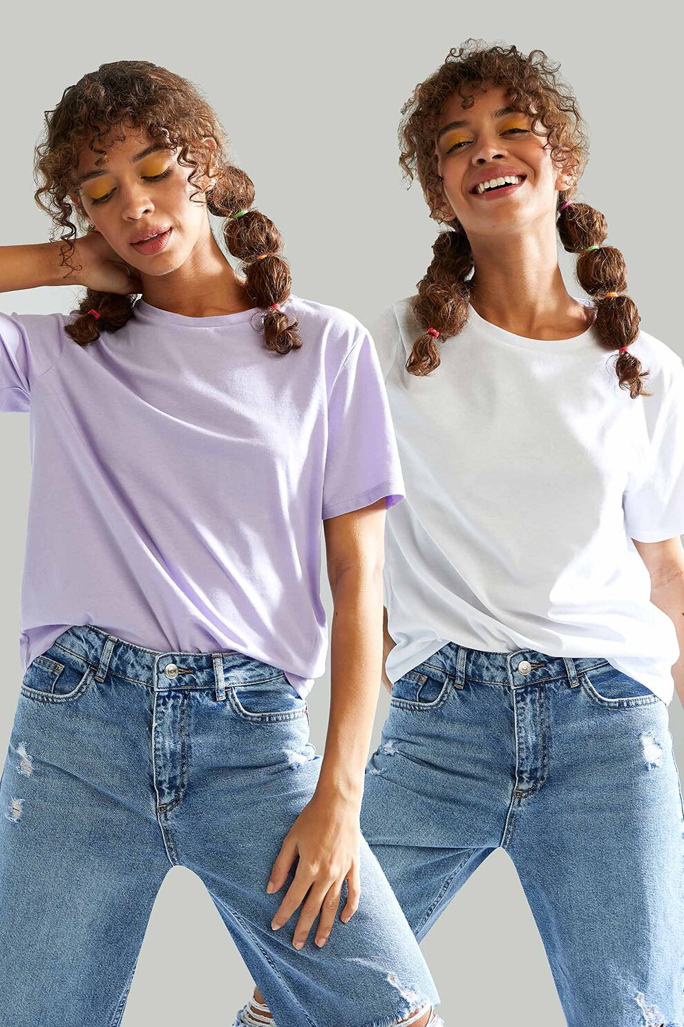 DeFacto, Set de tricouri din bumbac - 2 piese, Lila prafuit/Alb