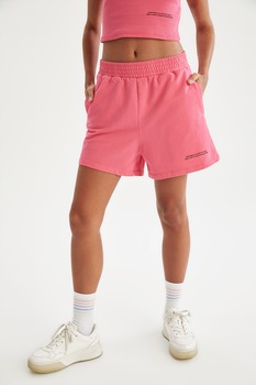 DeFacto, Pantaloni scurti din jerseu cu talie inalta si imprimeu text discret, Roz DeFacto, Pantaloni scurti din jerseu cu talie inalta si imprimeu text discret, Roz