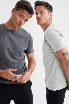 Defacto, Set de tricouri cu decolteu la baza gatului - 2 piese, Gri melange Defacto, Set de tricouri cu decolteu la baza gatului - 2 piese, Gri melange