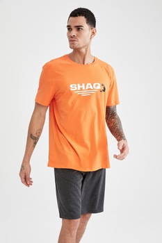 DeFacto, Pijama scurta cu imprimeu, Oranj/grii inchis melange, S DeFacto, Pijama scurta cu imprimeu, Oranj/grii inchis melange, S