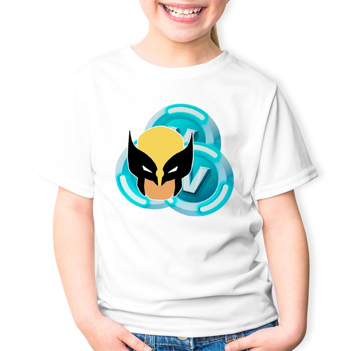 Tricou copii Wolverine Fortnite VBucks XMen Hero, alb, marime 116-122 CM, varsta 3-4 ani