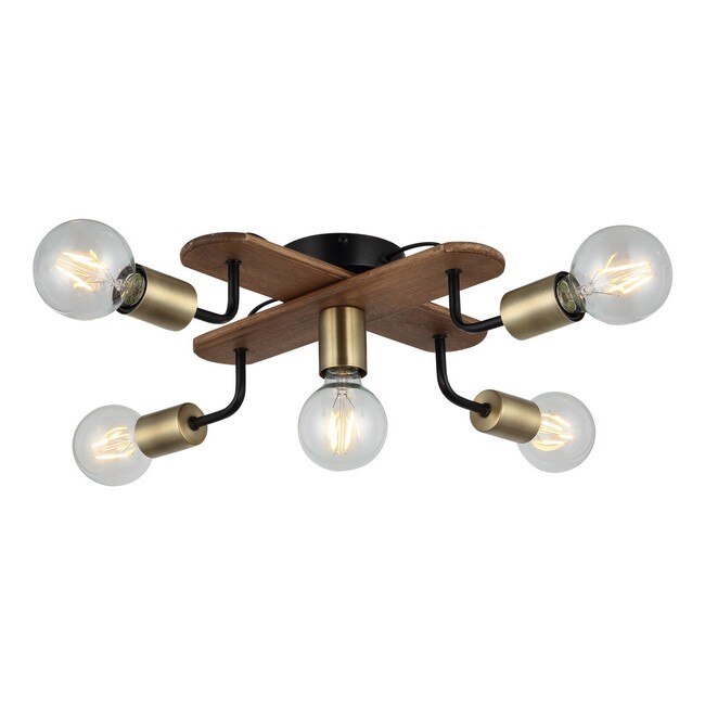 Lustra Homemania Budak, Metal/Lemn, 50 x 50 x 13 cm, 5 x E27, Max 40W, Auriu/Maro