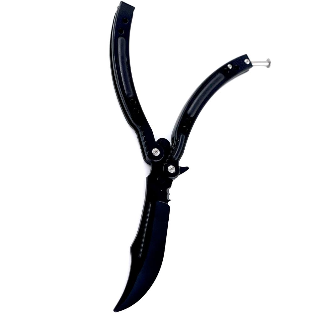 Briceag butterfly balisong Black Chaos, fara tais, model curbat pentru antrenament, negru