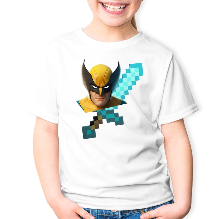 Tricou copii Wolverine XMen Diamond Sword Minecraft, alb, marime 128-134 CM, varsta 5-6 ani