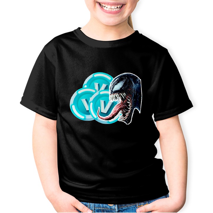 Tricou copii Venom Fortnite VBucks Epic Game, negru, marime 140-146 CM, varsta 7-8 ani