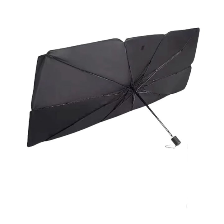 Универсален сгъваем автоматичен сенник, за кола, форма на чадър, черно-сребрист, 145 x 75 см, UV устойчив