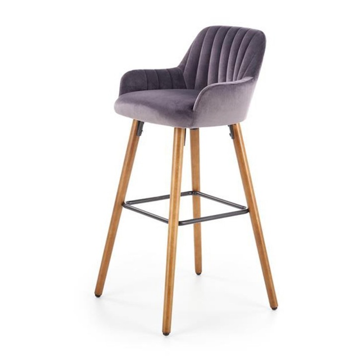 Scaun bar HM H93, Ergonomic, Lemn si Stofa, H 98 cm, Sarcina max 100 kg, Gri