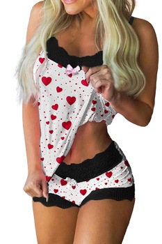 Set pijama, haine de stat in casa sexy cu dantela, 2 piese, cu imprimeu, EFAYN RO, Alb Set pijama, haine de stat in casa sexy cu dantela, 2 piese, cu imprimeu, EFAYN RO, Alb