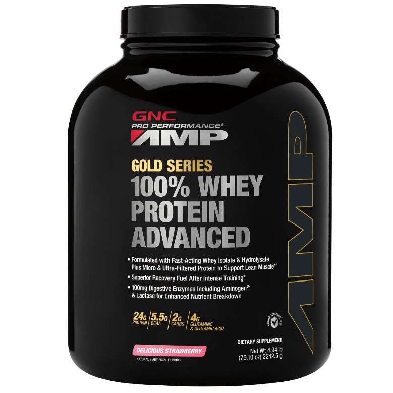 Proteina Din Zer Pro Performance AMP Amplified Gold Series 100% GNC, aroma de Capsuni, 2242.5g