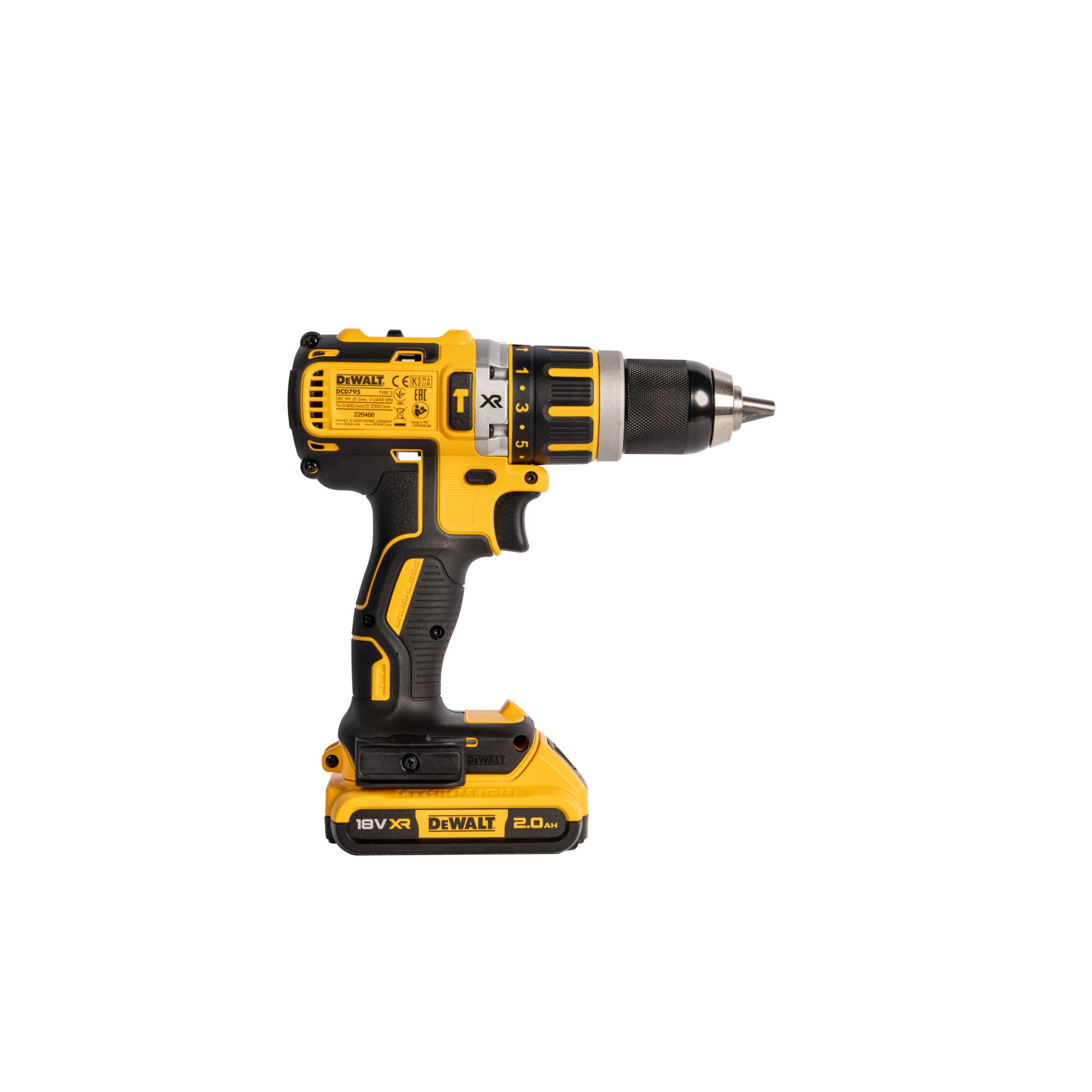 Masina compacta de gaurit cu percutie Dewalt XR 18V, 2 x Acumulator Li-Ion 2.0Ah, cutie inclusa, motor fara perii, mandrina rapida 13 mm