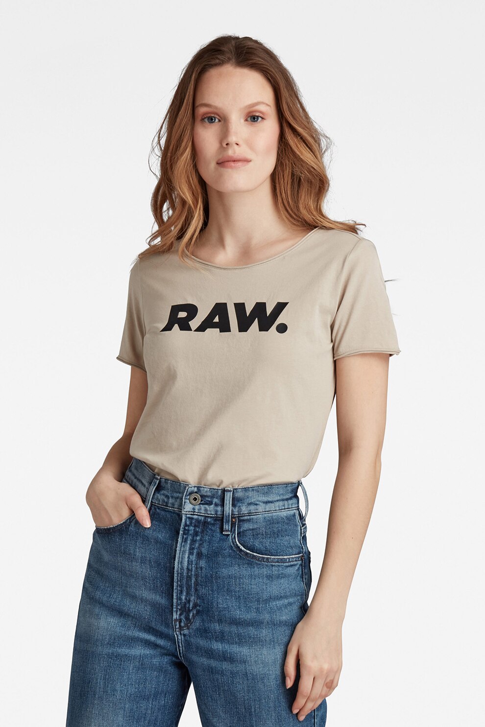 G-Star RAW, Tricou de bumbac organic cu terminatie rotunda, Maro nisip/Negru