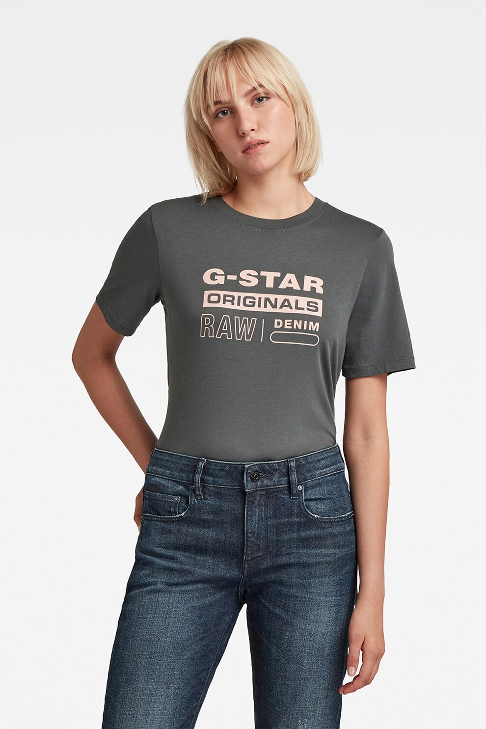 G-Star RAW, Tricou de bumbac organic cu imprimeu logo, Gri/Roz pal