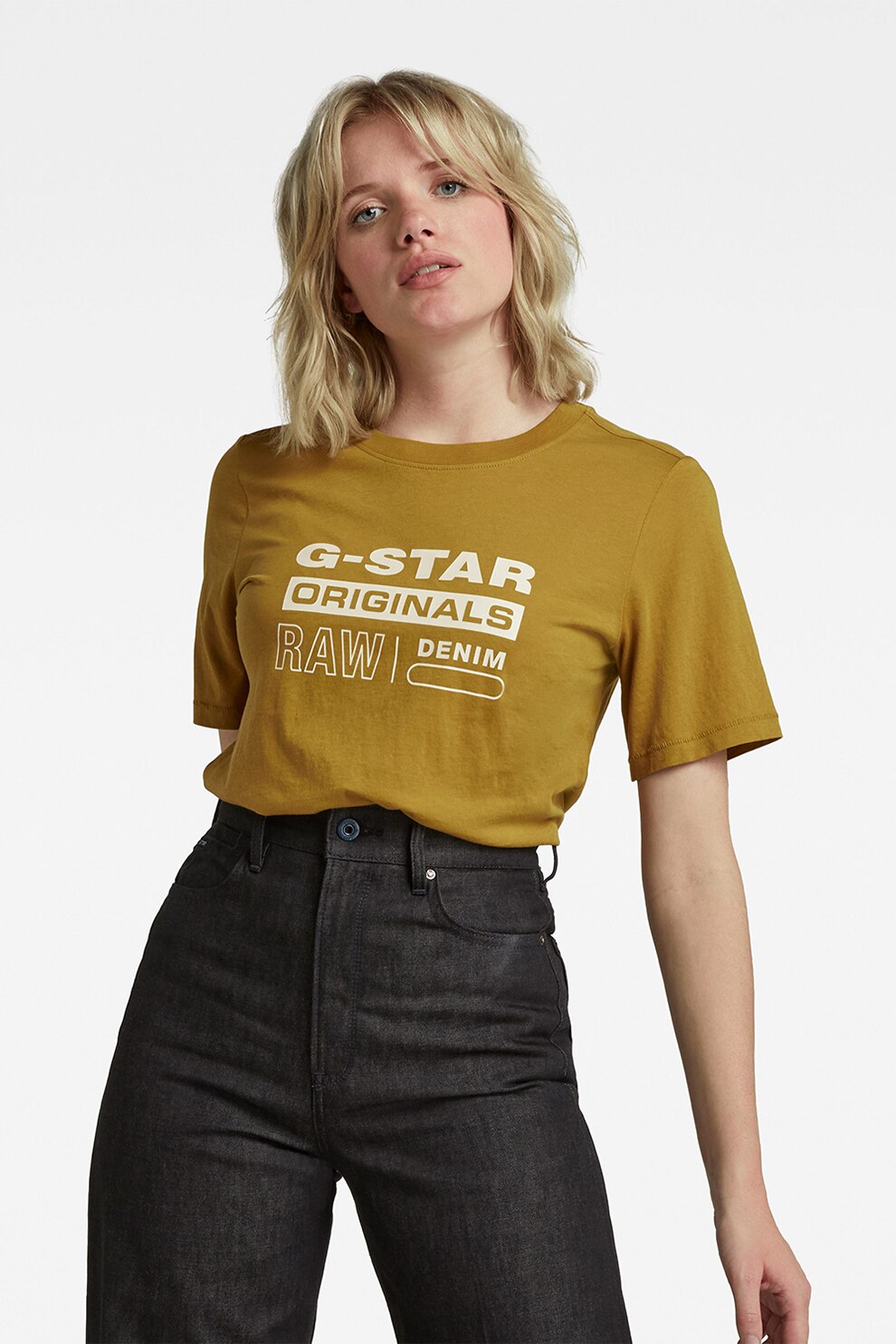 G-Star RAW, Tricou de bumbac organic cu imprimeu logo, Galben mustar/Alb
