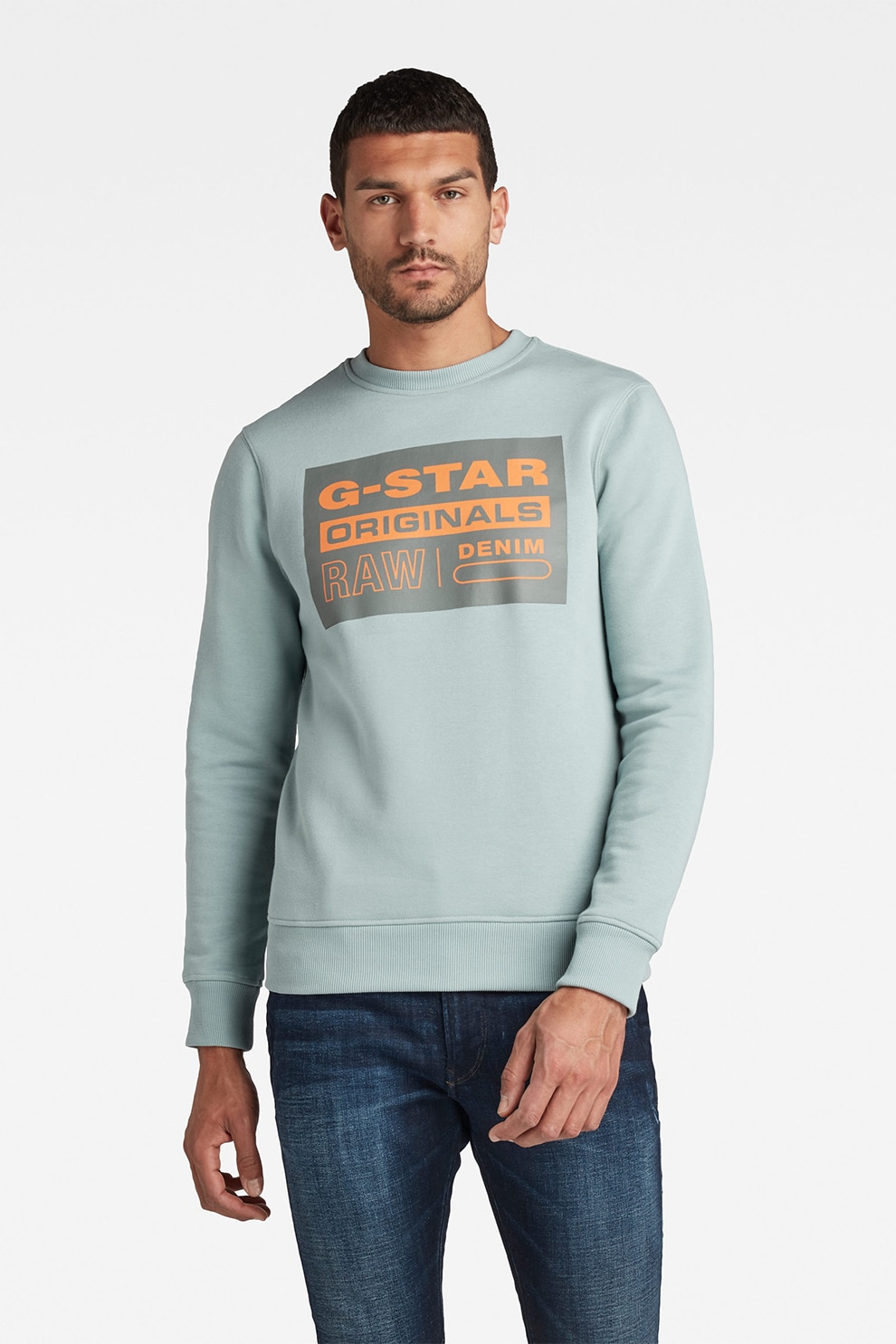 G-Star RAW, Bluza sport cu logo si decolteu la baza gatului, albastru aquamarin, oranj, M
