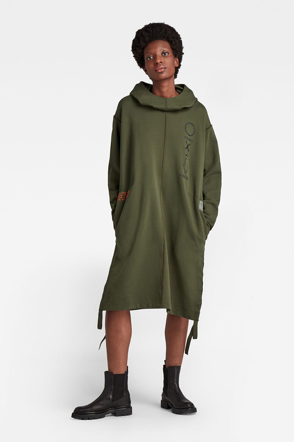 G-Star RAW, Rochie-hanorac supradimensionata cu slituri laterale, Verde militar, S