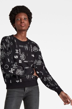 G-Star RAW, Bluza sport lejera cu imprimeu si decolteu la baza gatului, Negru/Alb G-Star RAW, Bluza sport lejera cu imprimeu si decolteu la baza gatului, Negru/Alb