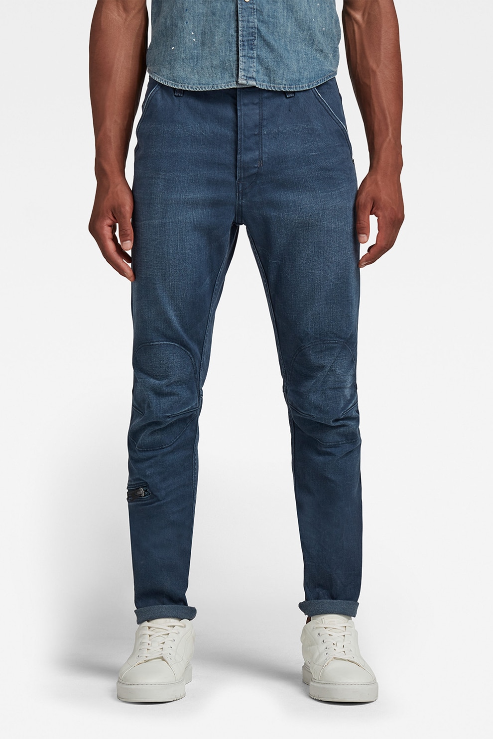 G-Star RAW, Blugi slim fit cu aplicatii in zona genunchilor, Albastru, W32-L32