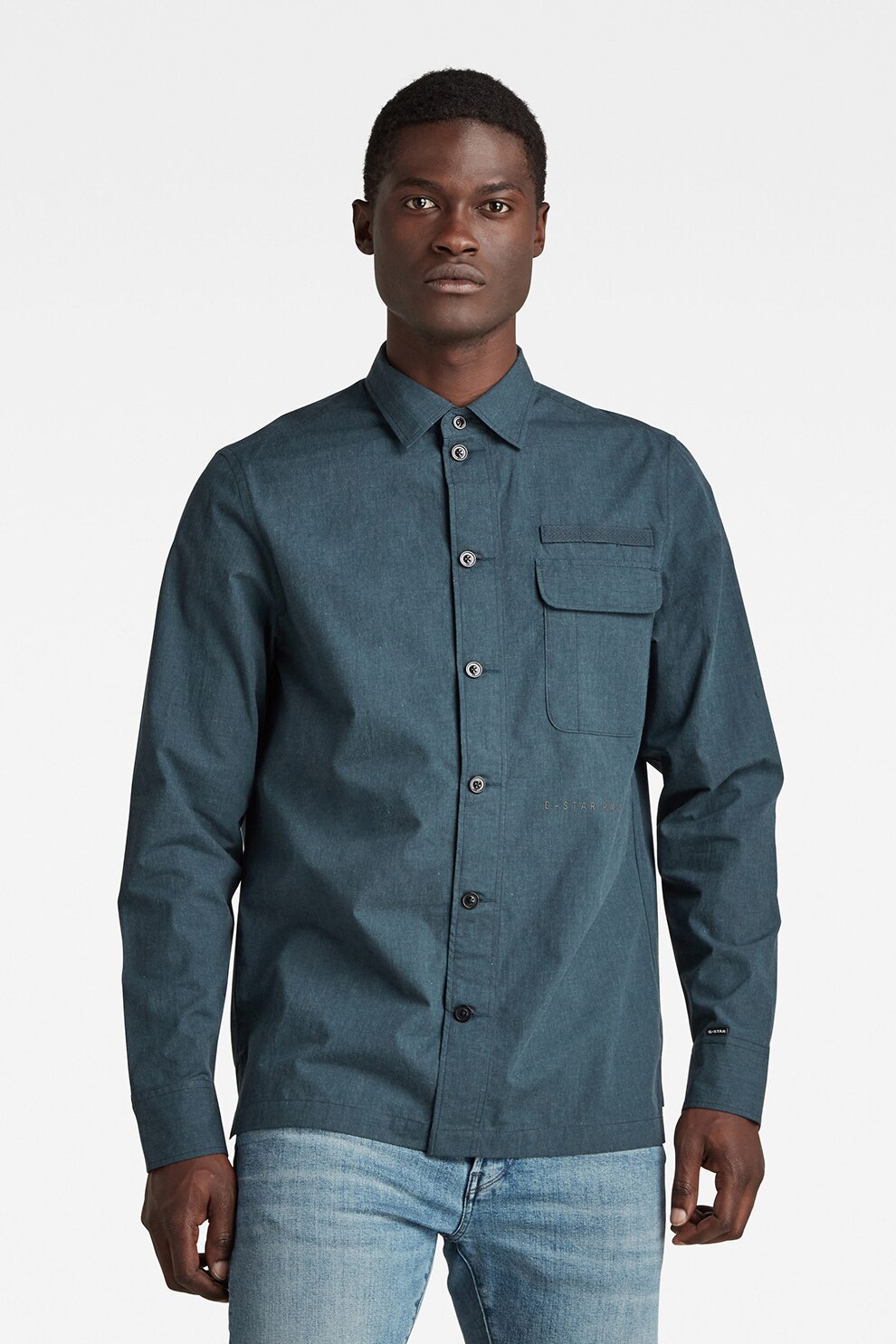 G-Star RAW, Camasa de bumbac cu buzunar pe piept, Albastru petrol