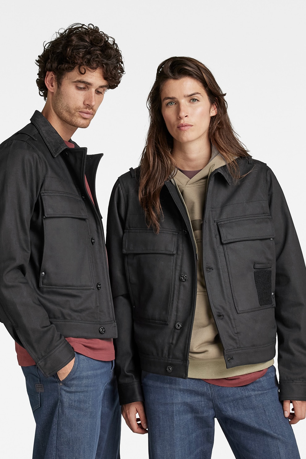 G-Star RAW, Jacheta-camasa unisex de bumbac organic cu buzunare cu clapa, Negru stins