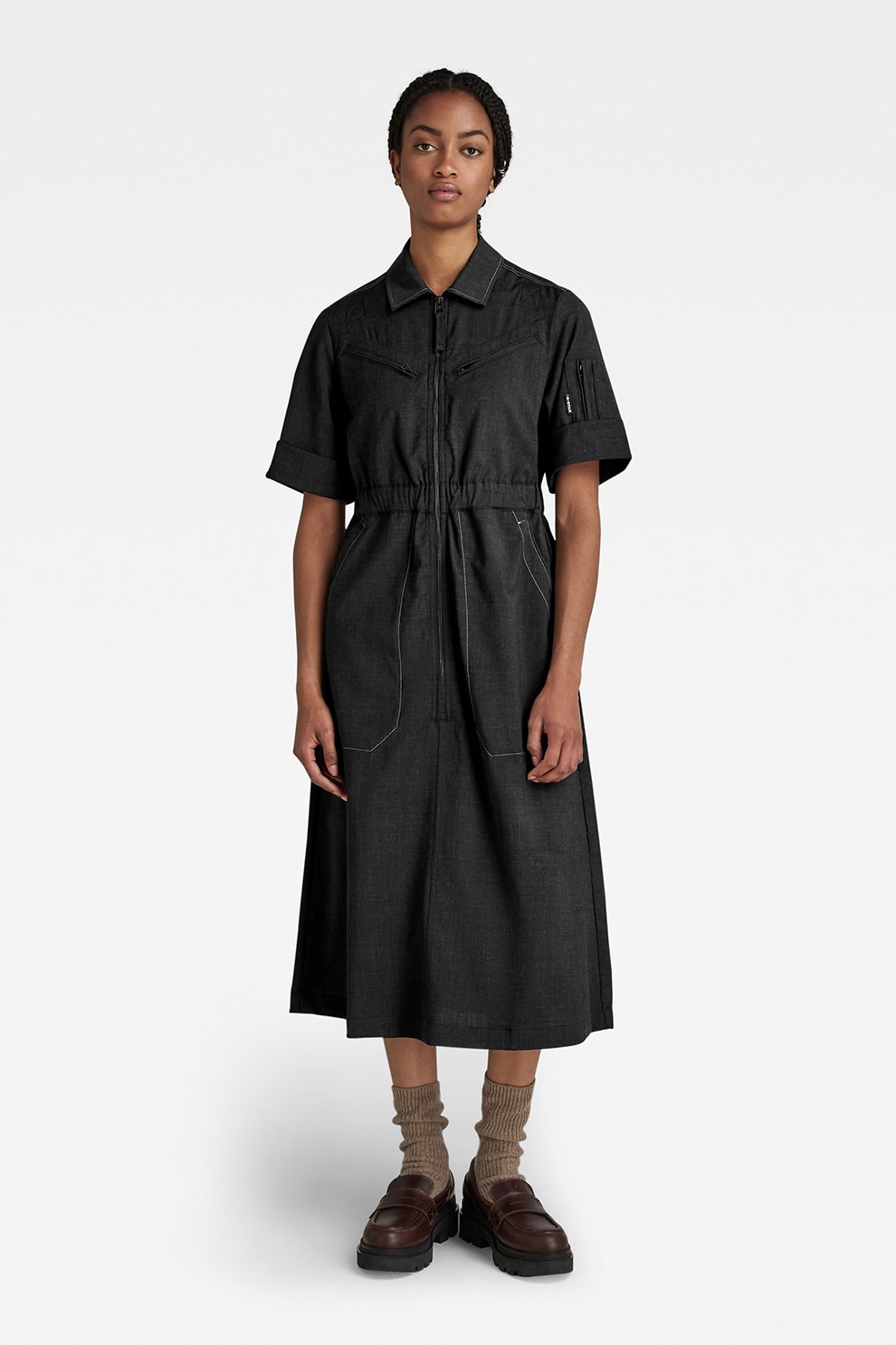 G-Star RAW, Rochie-camasa midi din amestec de lana, Negru