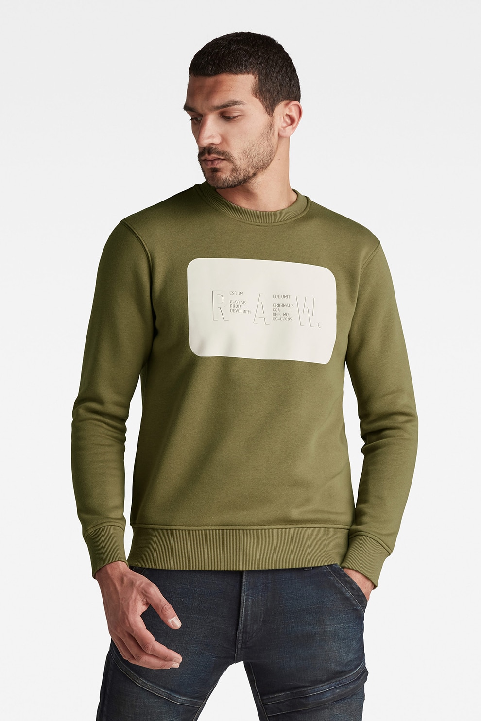 G-Star RAW, Bluza sport cu decolteu la baza gatului si imprimeu logo, Verde feriga/Alb, L