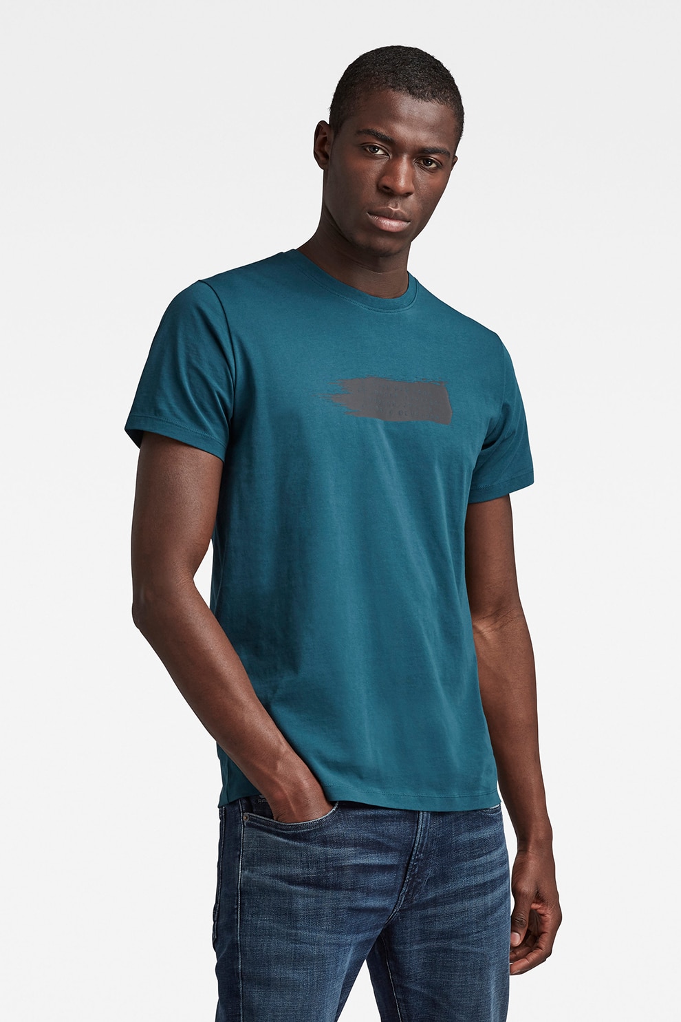 G-Star RAW, Tricou din bumbac organic cu imprimeu text, Albastru petrol