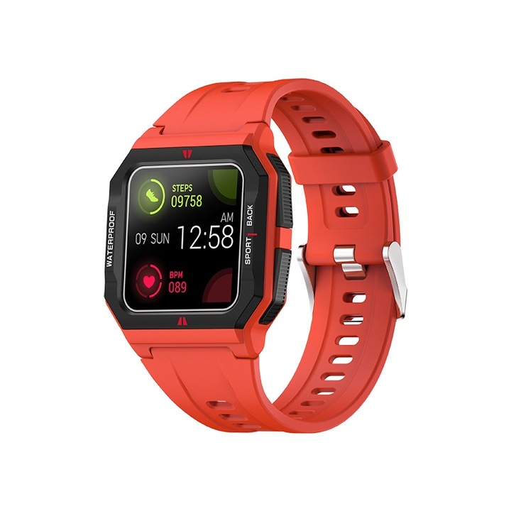 Ceas inteligent sport (smartwatch) FT10, rezistent la apa IP68, ecran 1.3 inch, functii multiple, rosu