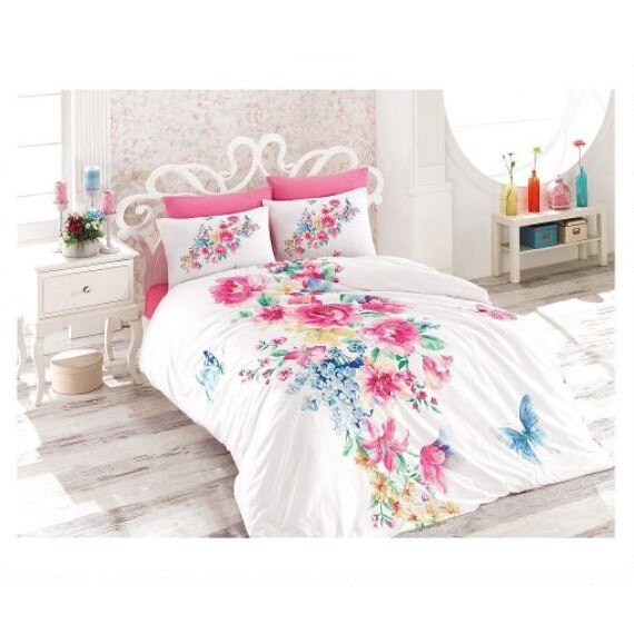 Set lenjerie de pat 2 persoane, Ipekce Home, bumbac ranforce, model floral 3D, roz, 4 piese