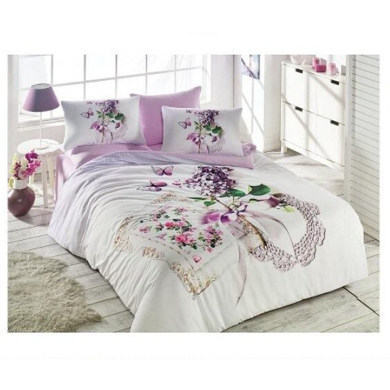 Set lenjerie de pat 2 persoane, Ipekce Home, bumbac ranforce, model 3D, flori si fluturi violet, 4 piese
