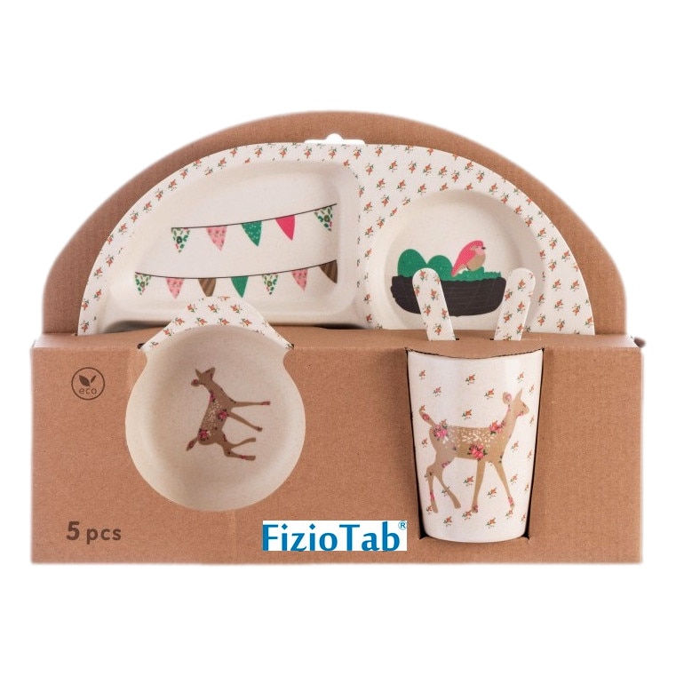 Set de masa si tacamuri pentru copii din fibra de bambus, FizioTab®, 5 piese, Forest Caprior