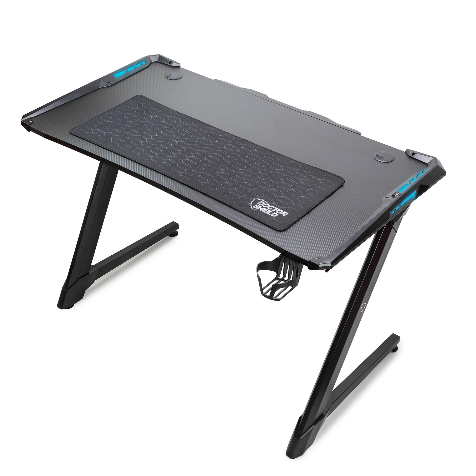 Birou Gaming, Dr.Shield CyberDesk, King Size, 120 x 60 x 75 CM, Iluminare RGB, Cadru Otel, Blat Fibra de Carbon- Negru