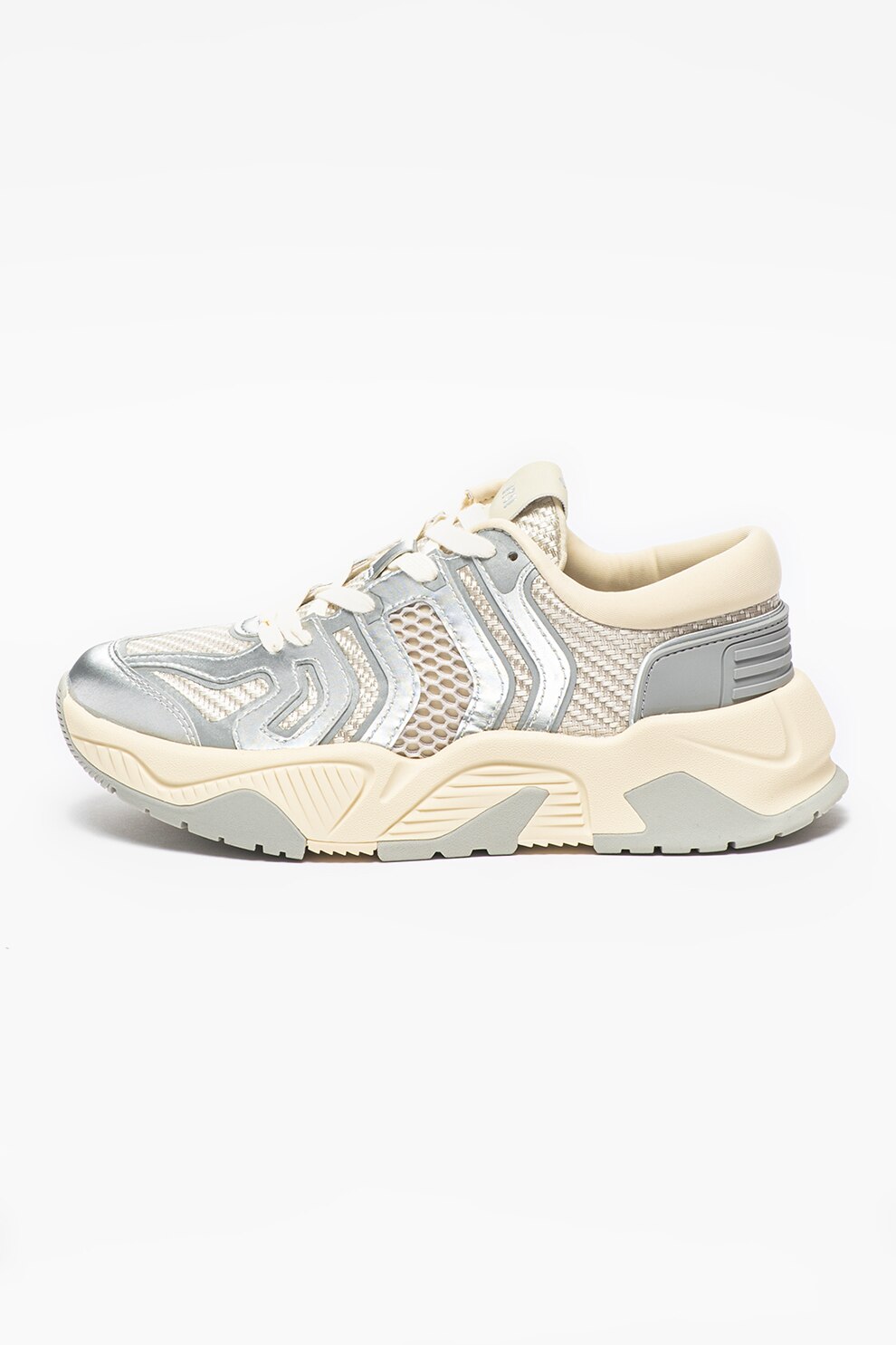 Steve Madden, Pantofi sport din plasa cu garnituri din piele ecologica Ultraboost, Argintiu/Crem