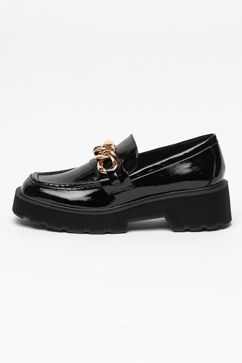 Steve Madden, Pantofi loafer de piele ecologica cu aspect lacuit Meadow, Negru/Auriu, 38