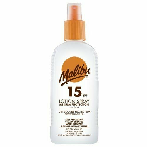 Lotiune Spray MALIBU cu Vitamina E si B5, Rezistenta la apa, UVA/UVB, SPF15, 200 ml
