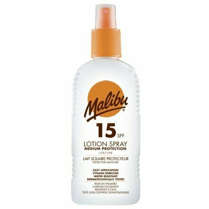 Lotiune Spray MALIBU cu Vitamina E si B5, Rezistenta la apa, UVA/UVB, SPF15, 200 ml