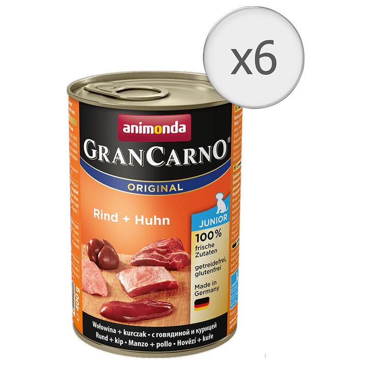 Hrana umeda pentru caini GranCarno Junior, Vita si Pui, 6 buc x 400g