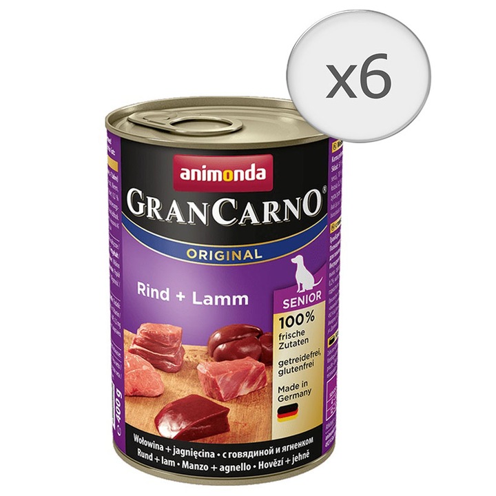 Hrana umeda pentru caini GranCarno Senior, Vita si Miel, 6 buc x 400g