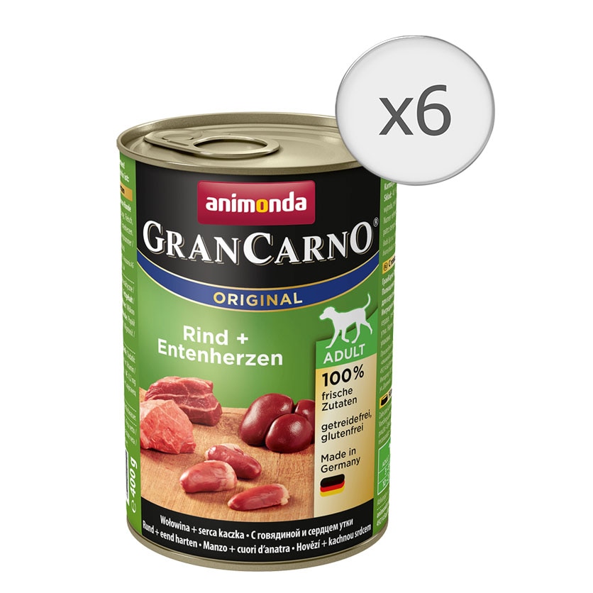 Hrana umeda pentru caini GranCarno Adult, Vita si Inima Rata, 6 buc x 400g