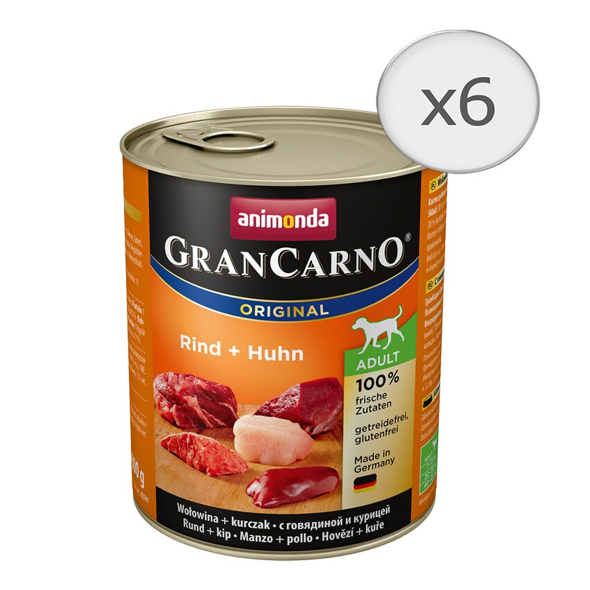Hrana umeda pentru caini Grancarno Adult, Vita si Pui, 6 buc x 800g