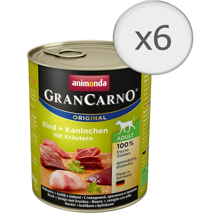 Grancarno Felnőtt nedves kutyaeledel, nyúl és zöldek, 6 db x 800g