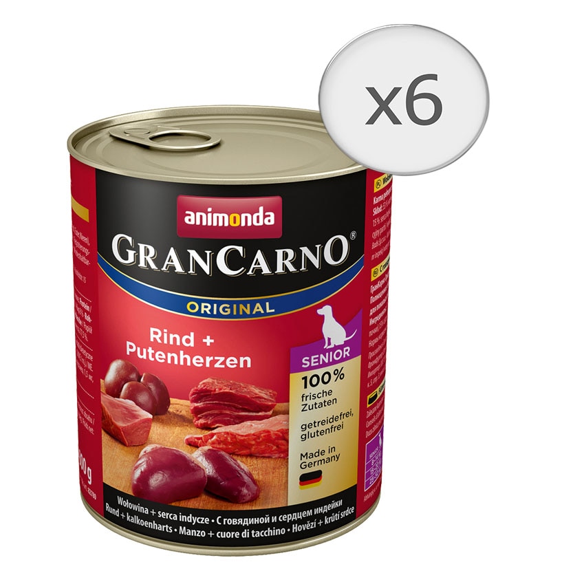 Hrana umeda pentru caini Grancarno Junior, Vita si Inima de Curcan, 6 buc x 800g